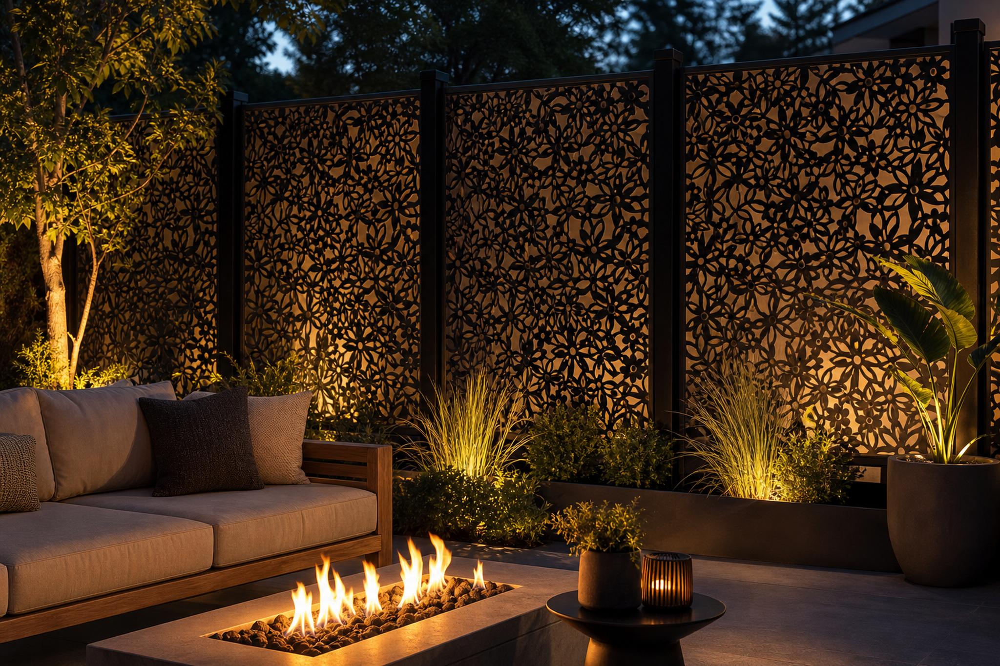 Design 103 Dense Garden Blooms Laser Cut Metal Privacy Screen Panel installed garden night lighting view