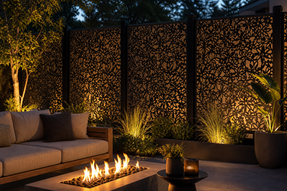 Design 103 Dense Garden Blooms Laser Cut Metal Privacy Screen Panel installed garden night lighting view