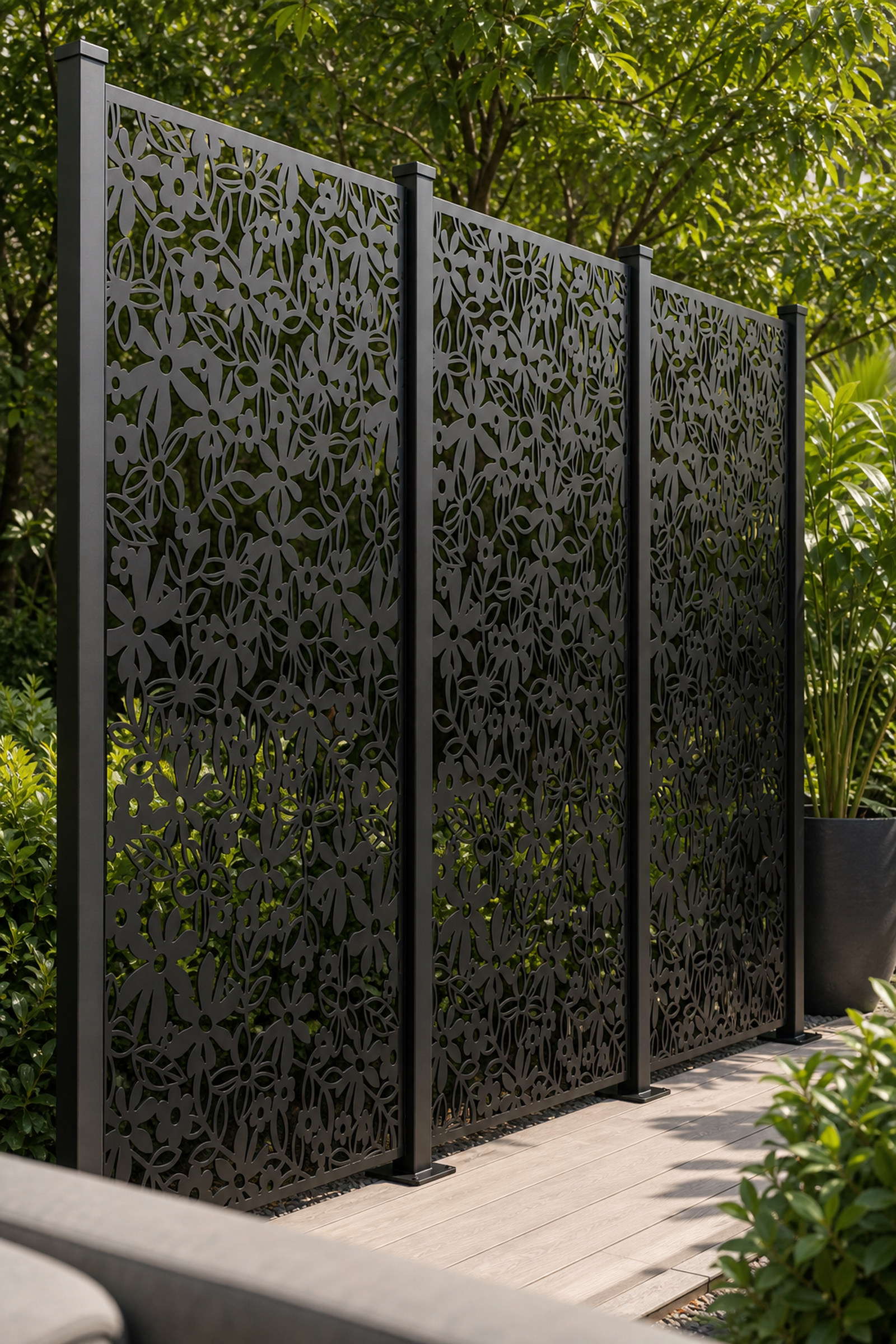 Design 103 Dense Garden Blooms Laser Cut Metal Privacy Screen Panel oblique angle view