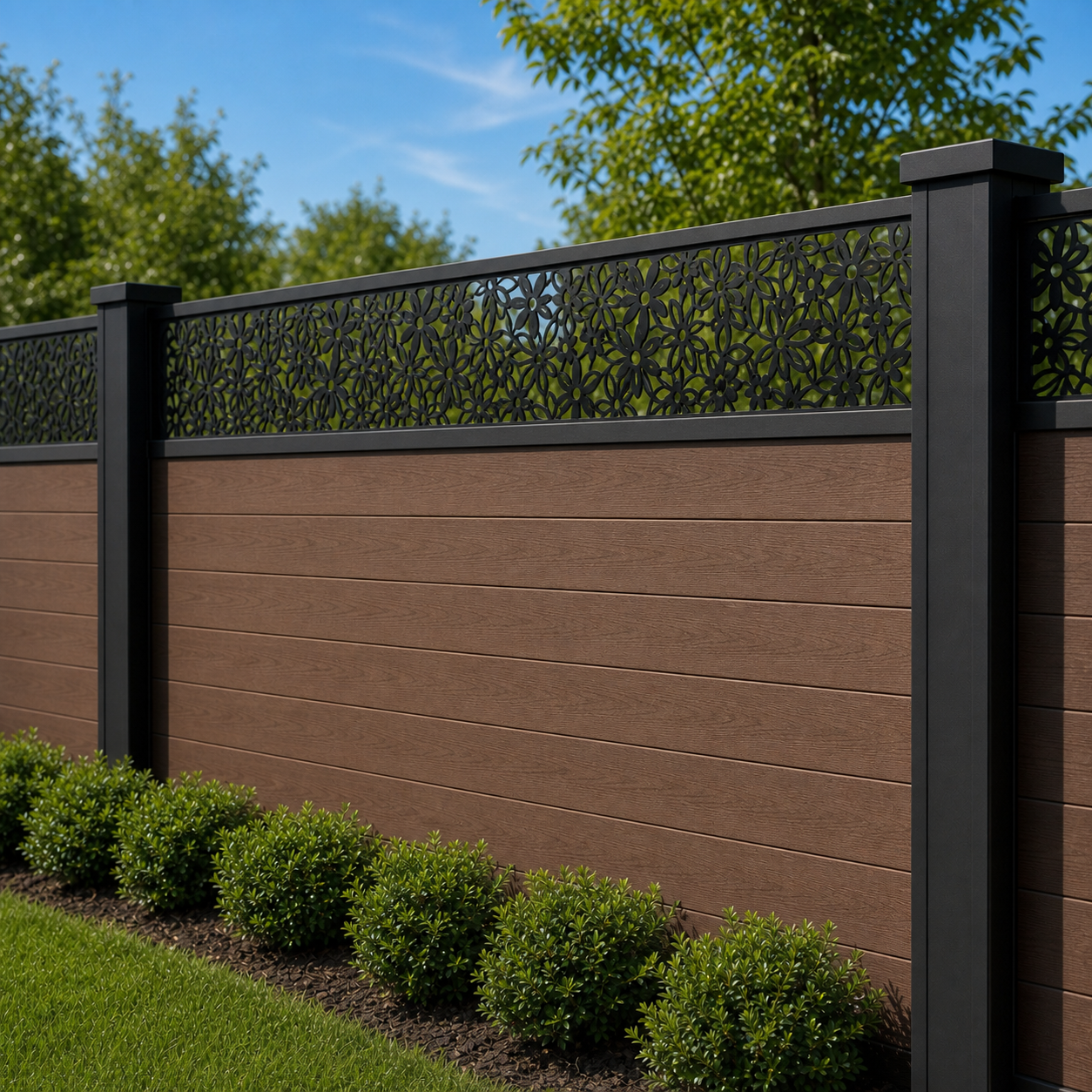 Dense Garden Lace laser cut fence extension panel installed on composite fence, angle view, Design 103
