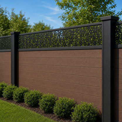 Dense Garden Lace laser cut fence extension panel installed on composite fence, angle view, Design 103