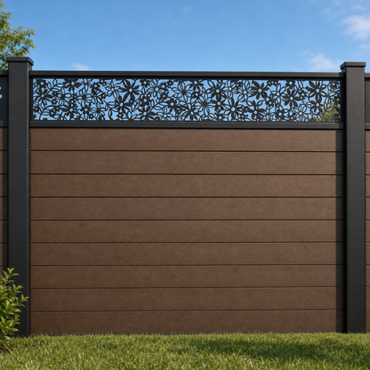 Dense Garden Lace metal fence topper installed above WPC composite privacy fence, front view, Design 103