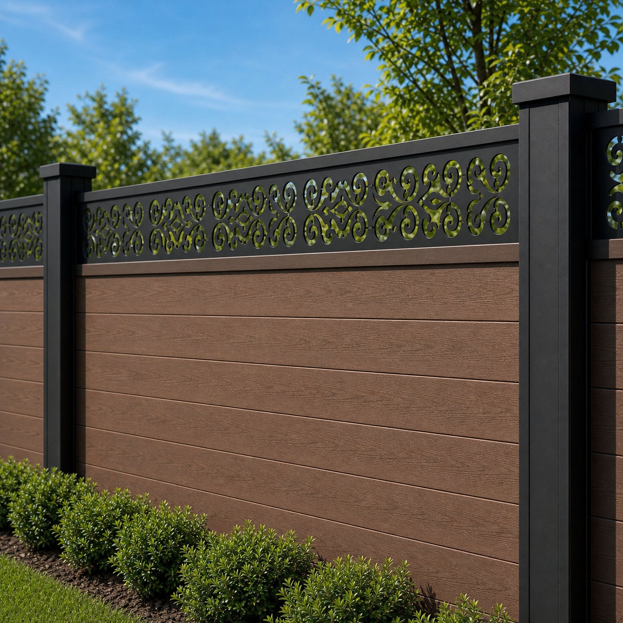 Basket Weave Diamond laser cut fence extension panel installed on composite fence, angle view, Design 104