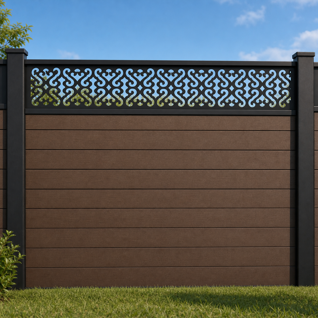 Basket Weave Diamond metal fence topper installed above WPC composite privacy fence, front view, Design 104