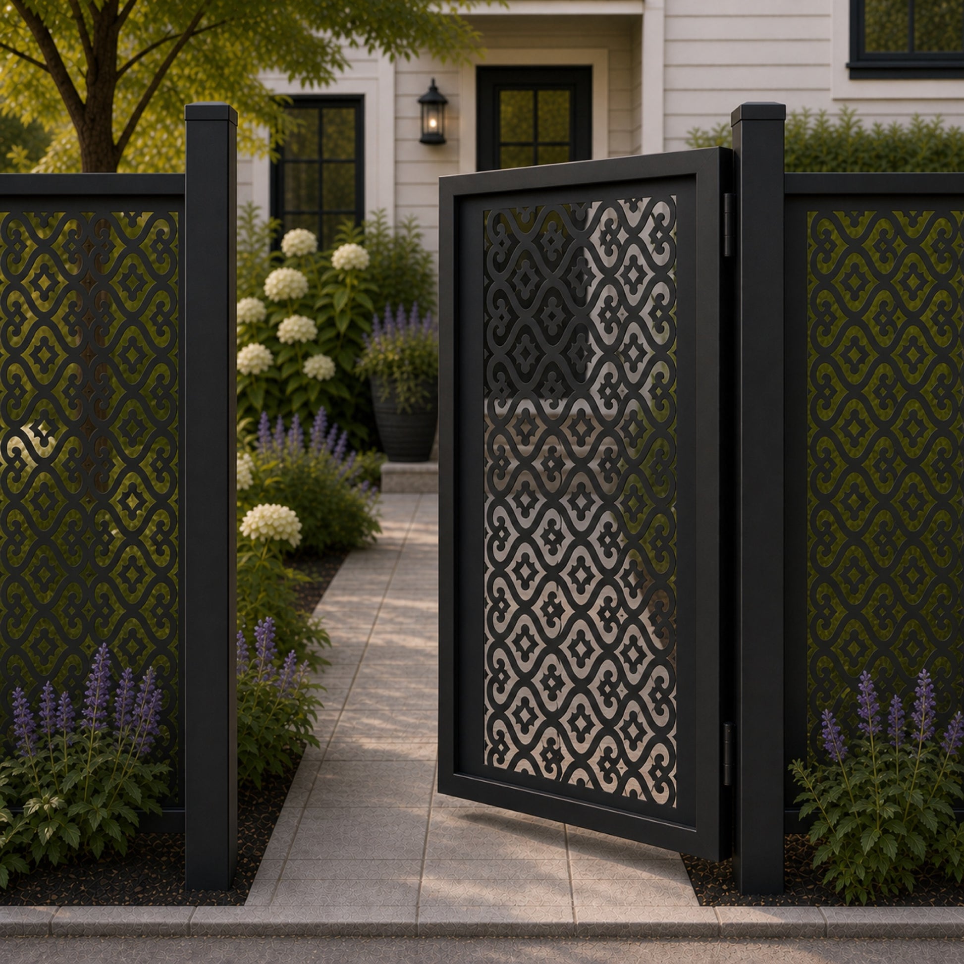 Design 104 regular double scroll diamond black aluminium side gate open view