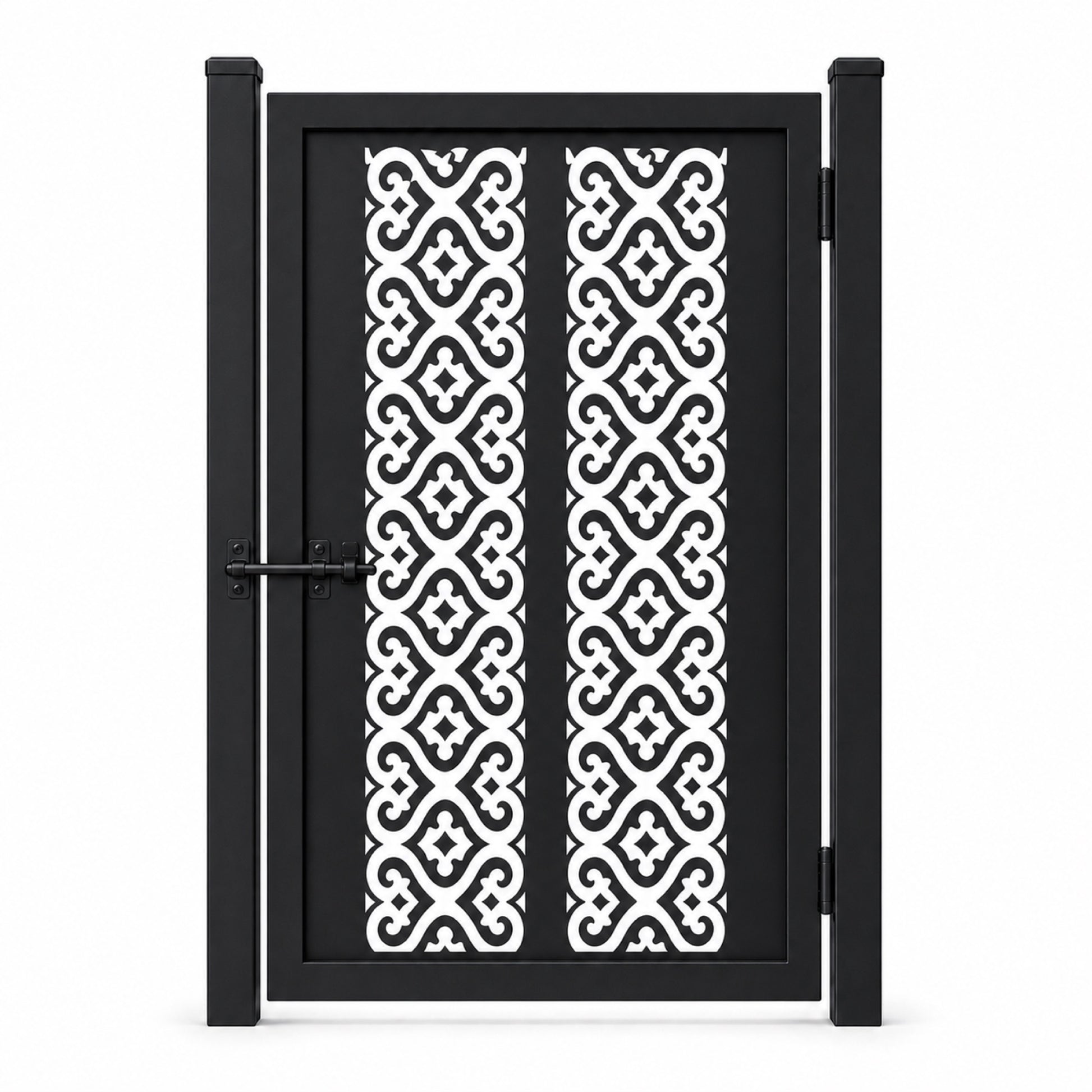 Design 104 regular double scroll diamond black laser cut metal pedestrian gate closed view