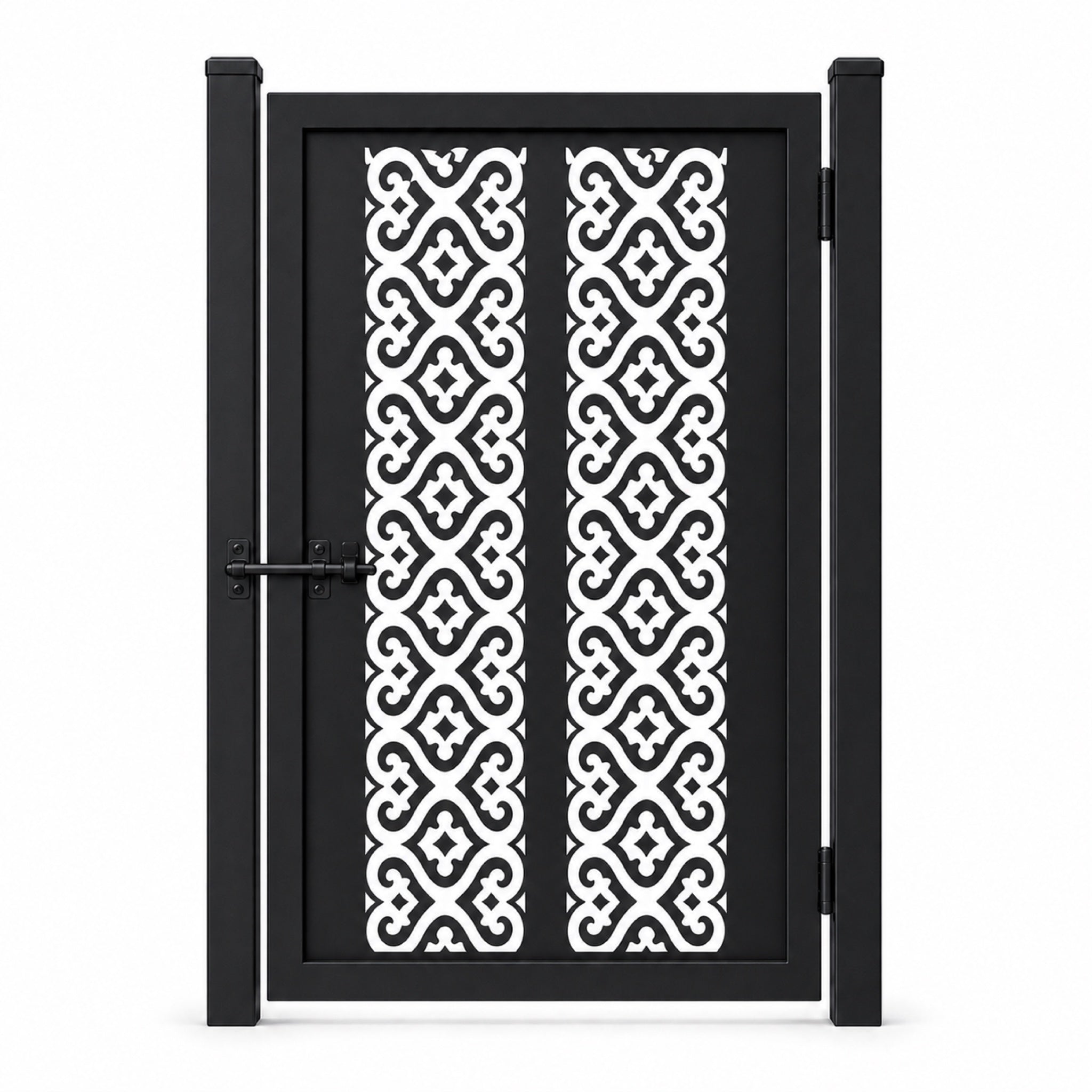 Design 104 regular double scroll diamond black laser cut metal pedestrian gate closed view