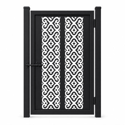 Design 104 regular double scroll diamond black laser cut metal pedestrian gate closed view
