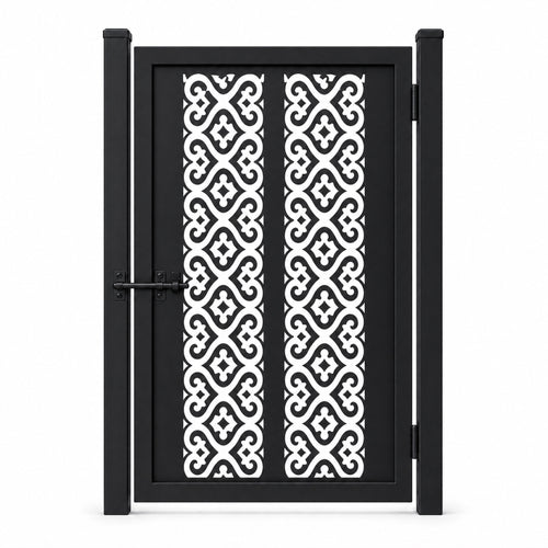 Design 104 regular double scroll diamond black laser cut metal pedestrian gate closed view