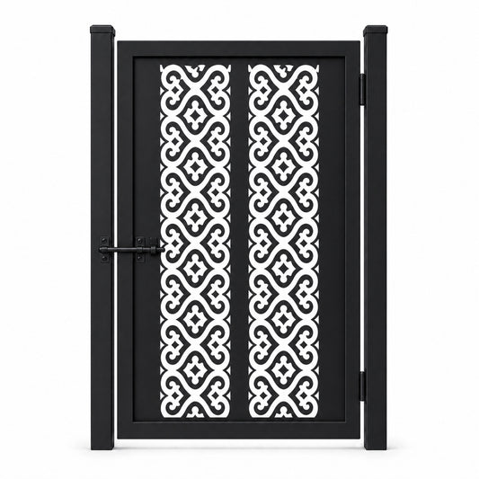 Design 104 regular double scroll diamond black laser cut metal pedestrian gate closed view