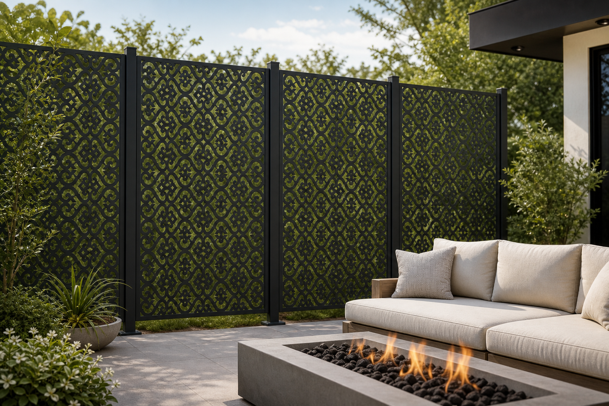 Design 104 Small S Scroll Laser Cut Metal Privacy Screen Panel installed garden daylight view