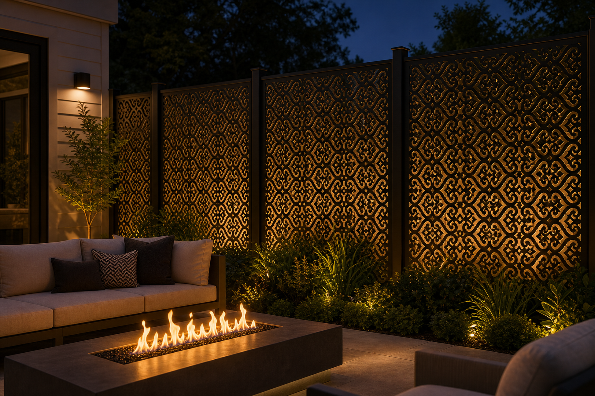 Design 104 Small S Scroll Laser Cut Metal Privacy Screen Panel installed garden night lighting view