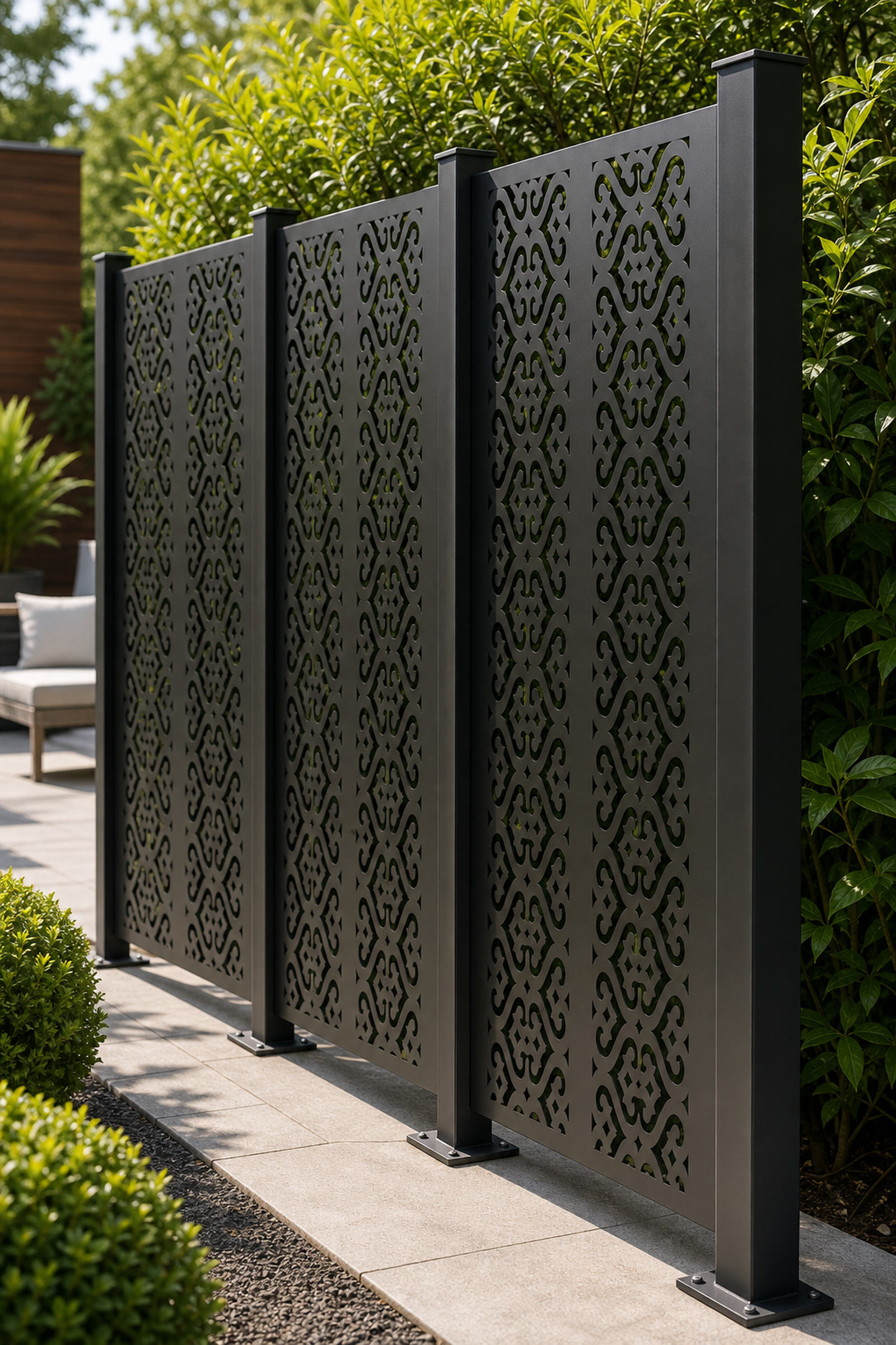 Design 104 Small S Scroll Laser Cut Metal Privacy Screen Panel oblique angle view