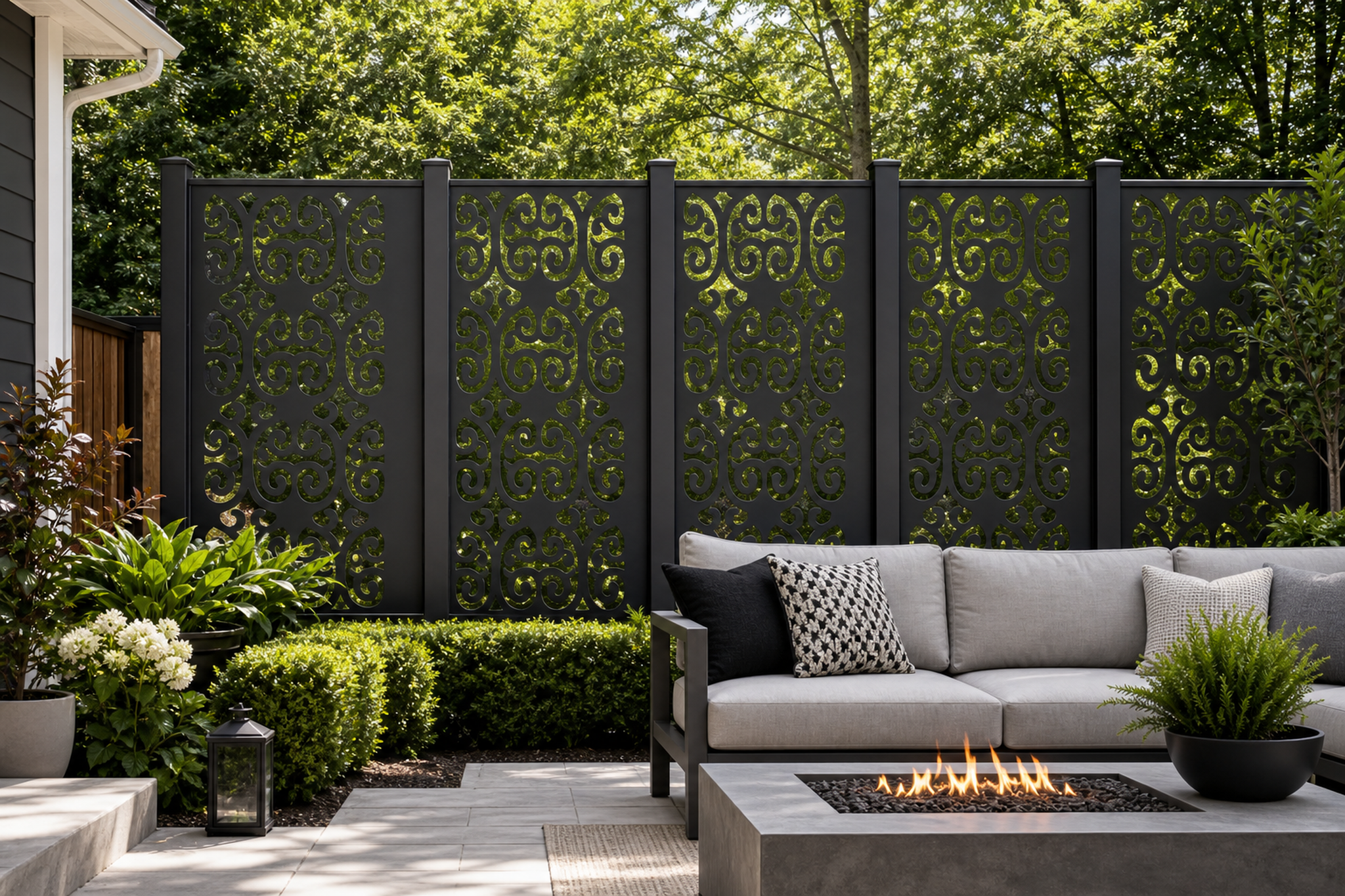 Design 105 Double Scroll Rows Laser Cut Metal Privacy Screen Panel installed garden daylight view