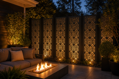 Design 105 Double Scroll Rows Laser Cut Metal Privacy Screen Panel installed garden night lighting view
