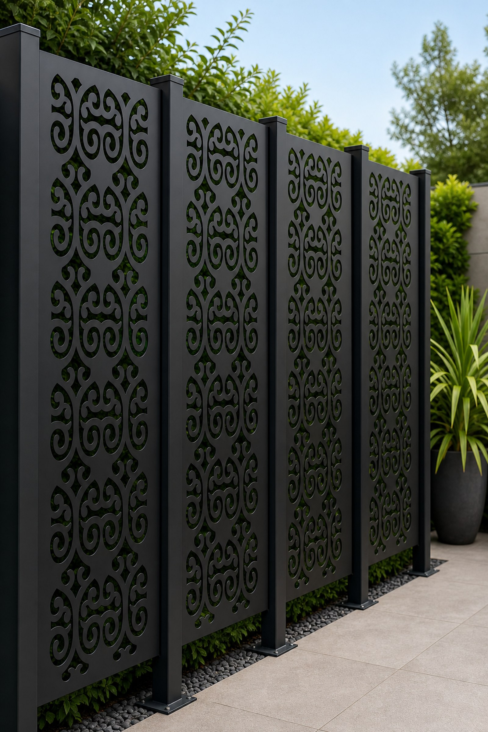Design 105 Double Scroll Rows Laser Cut Metal Privacy Screen Panel oblique angle view