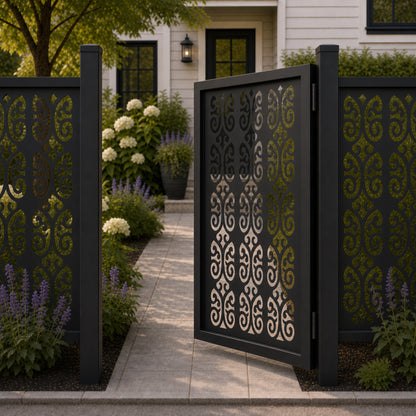 Design 105 large double scroll arch black aluminium side gate open view