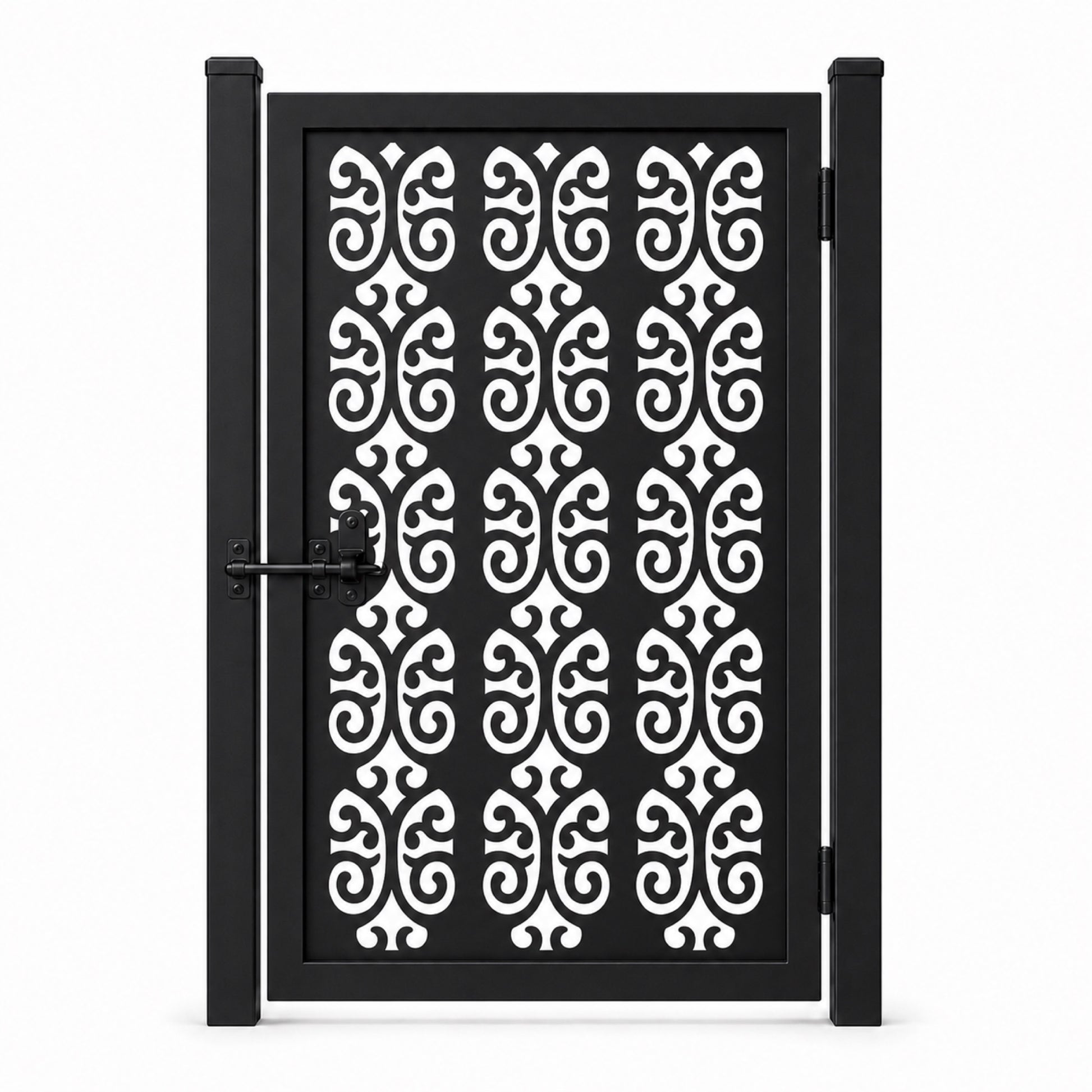 Design 105 large double scroll arch black laser cut metal pedestrian gate closed view