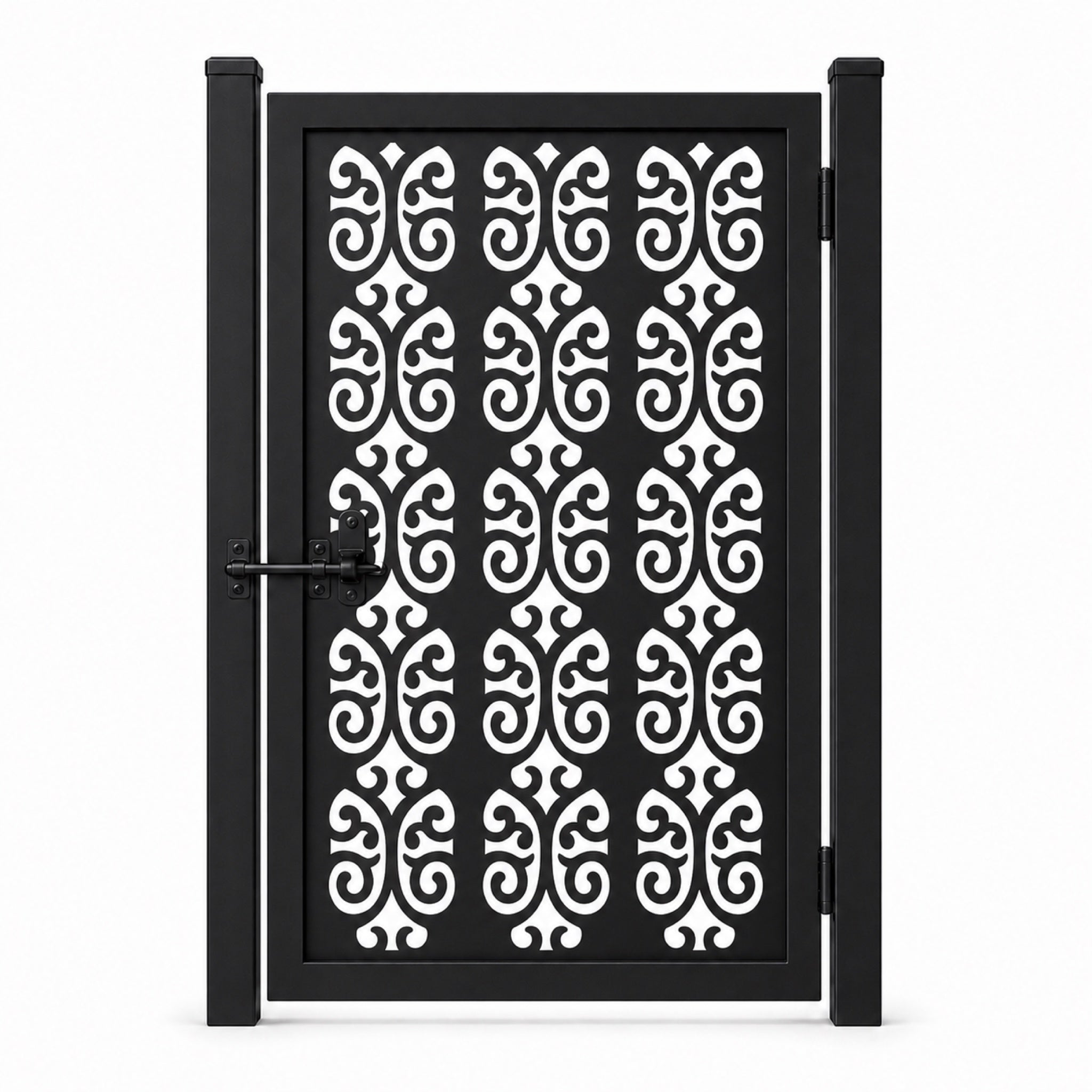 Design 105 large double scroll arch black laser cut metal pedestrian gate closed view