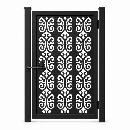 Design 105 large double scroll arch black laser cut metal pedestrian gate closed view