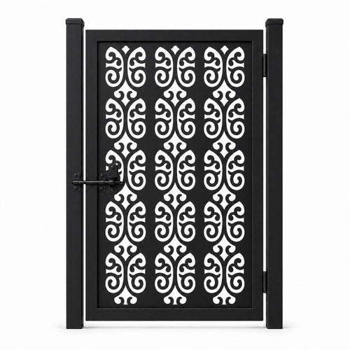 Design 105 large double scroll arch black laser cut metal pedestrian gate closed view