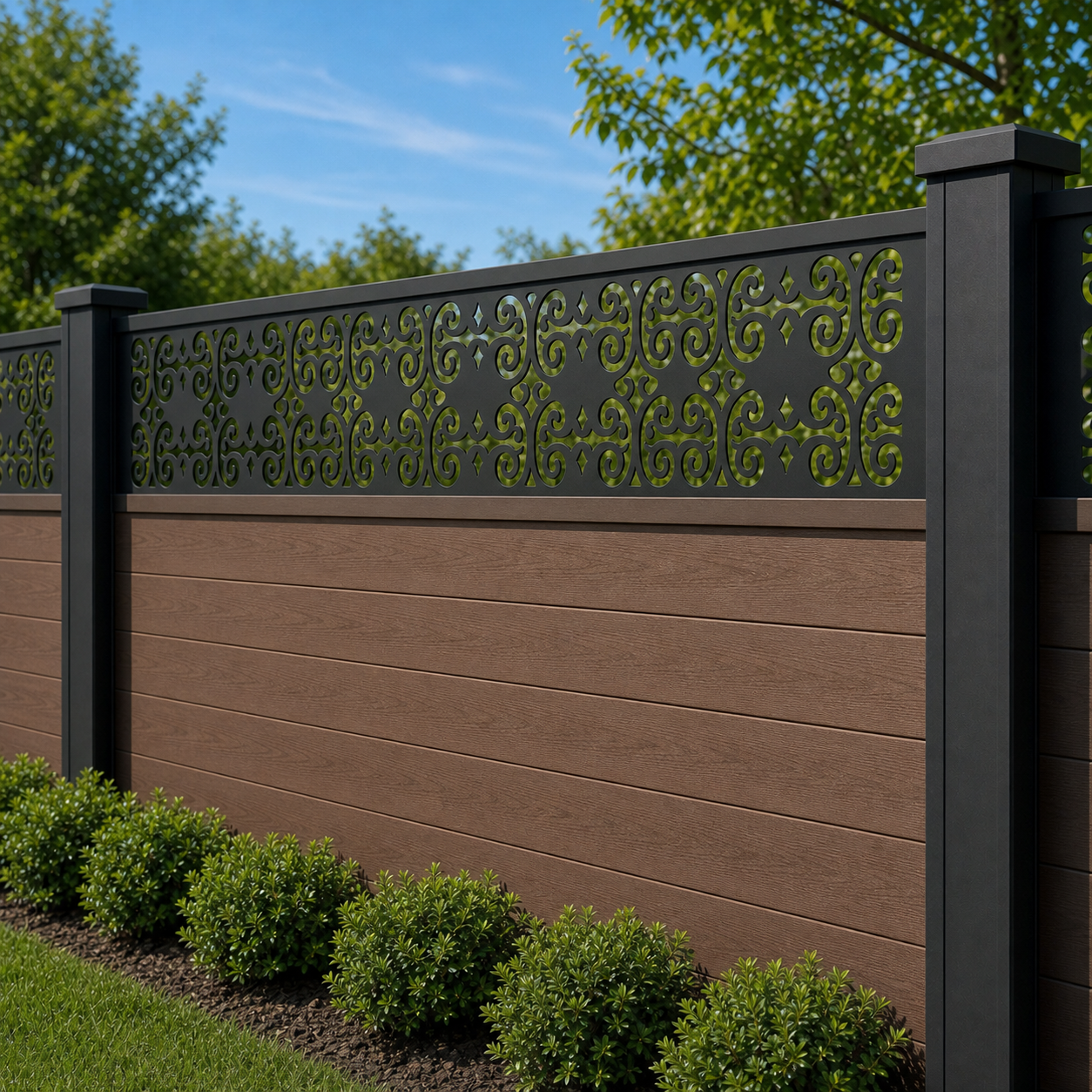 Repeating Fleur De Lis Rail laser cut fence extension panel installed on composite fence, angle view, Design 105