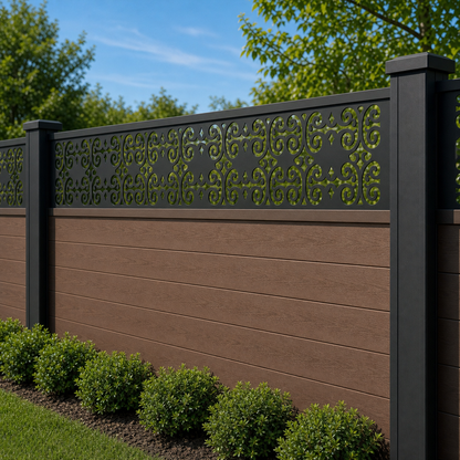 Repeating Fleur De Lis Rail laser cut fence extension panel installed on composite fence, angle view, Design 105