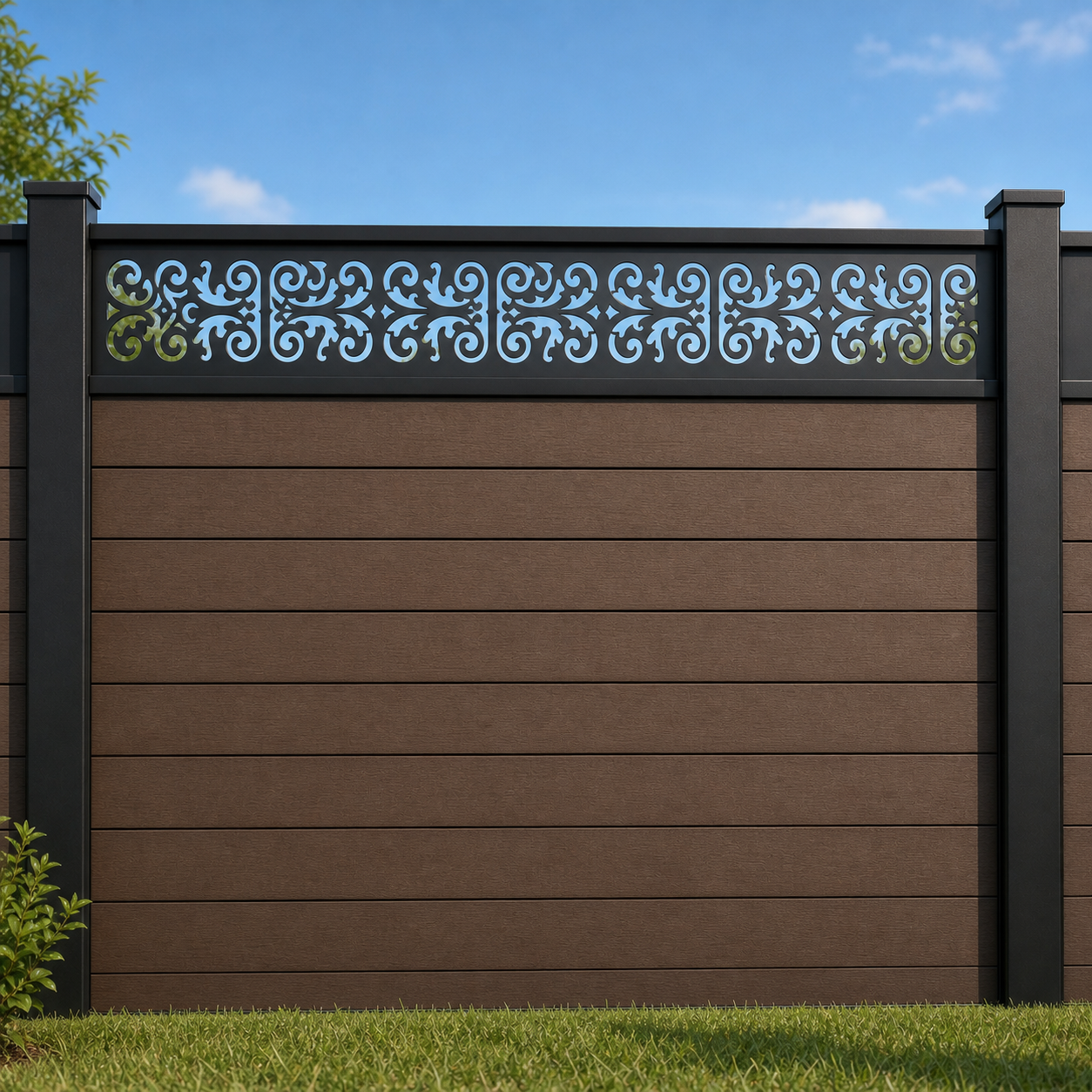 Repeating Fleur De Lis Rail metal fence topper installed above WPC composite privacy fence, front view, Design 105