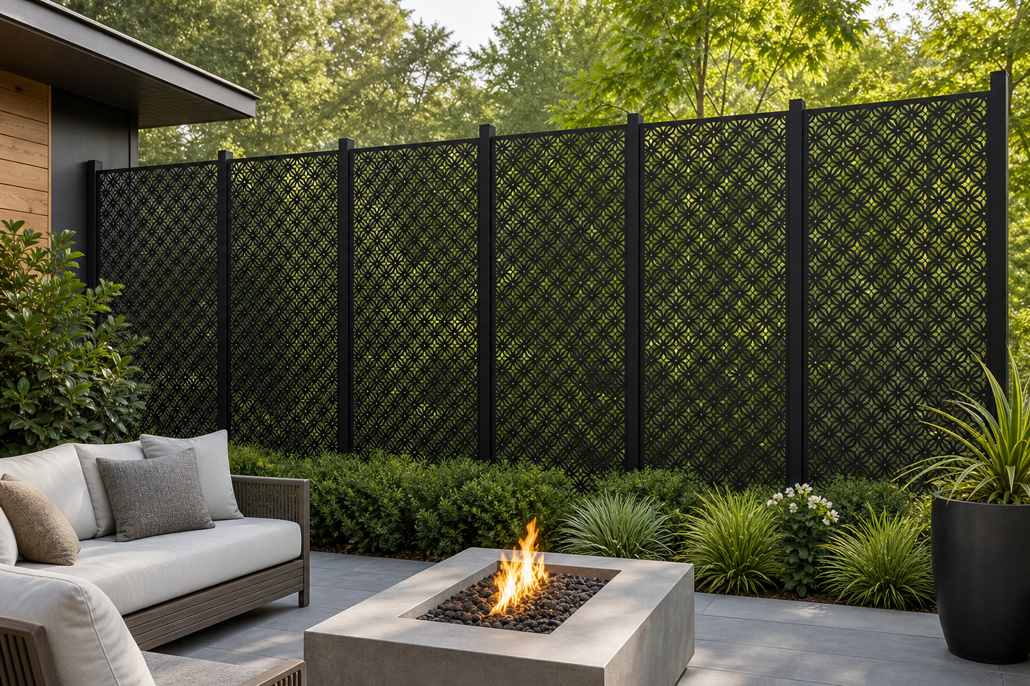 Design 106 Diamond Wire Grid Laser Cut Metal Privacy Screen Panel installed garden daylight view
