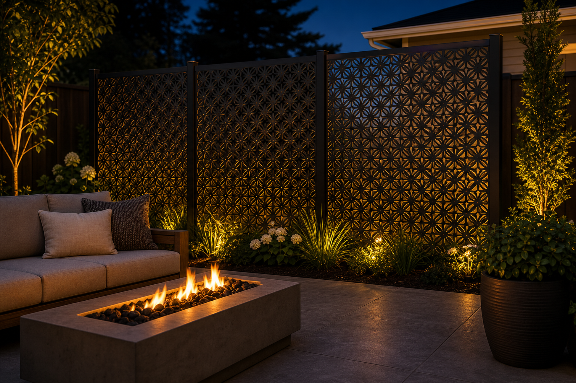 Design 106 Diamond Wire Grid Laser Cut Metal Privacy Screen Panel installed garden night lighting view