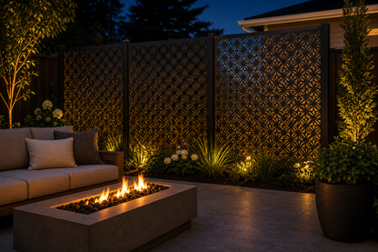 Design 106 Diamond Wire Grid Laser Cut Metal Privacy Screen Panel installed garden night lighting view