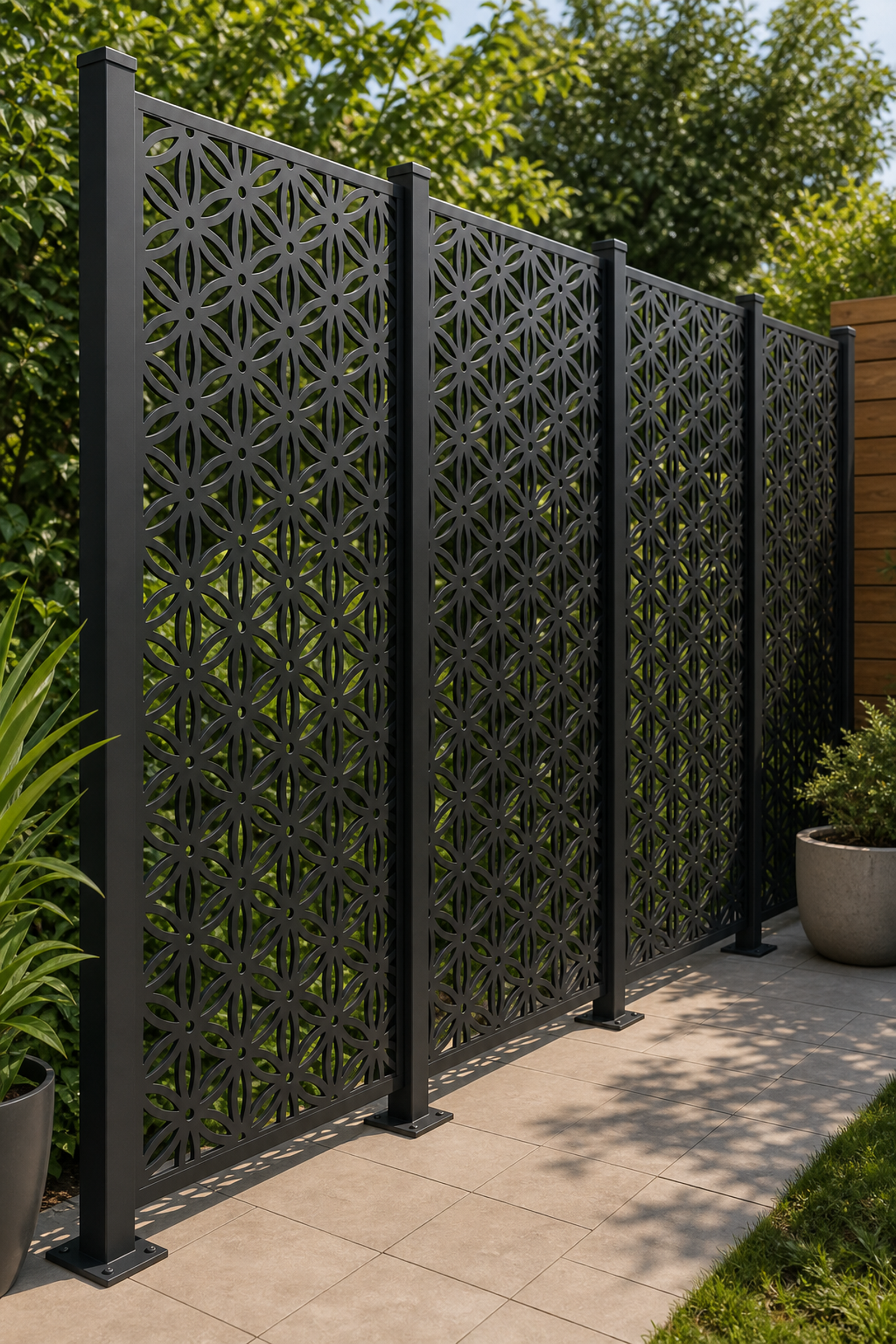 Design 106 Diamond Wire Grid Laser Cut Metal Privacy Screen Panel oblique angle view