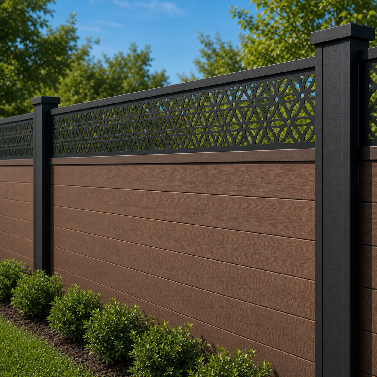 Oval Bead Chain laser cut fence extension panel installed on composite fence, angle view, Design 106