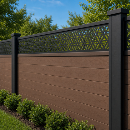Oval Bead Chain laser cut fence extension panel installed on composite fence, angle view, Design 106