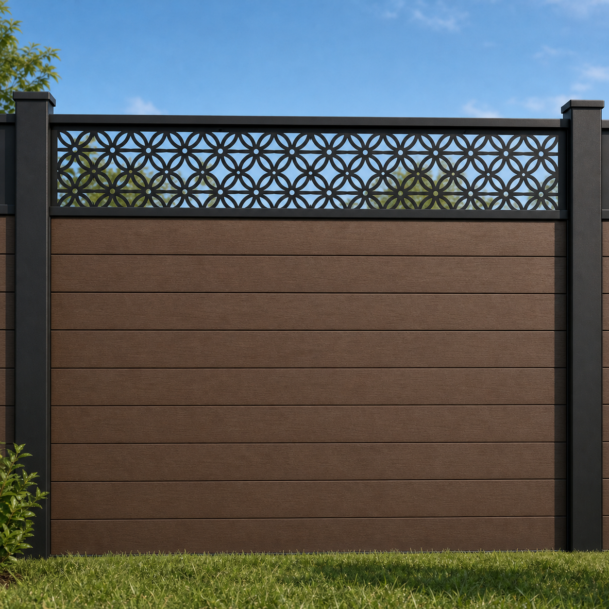 Oval Bead Chain metal fence topper installed above WPC composite privacy fence, front view, Design 106