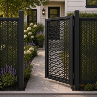 Design 106 regular leaf lattice black aluminium side gate open view
