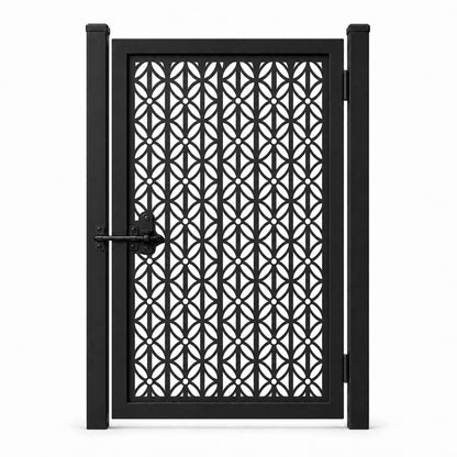 Design 106 regular leaf lattice black laser cut metal pedestrian gate closed view