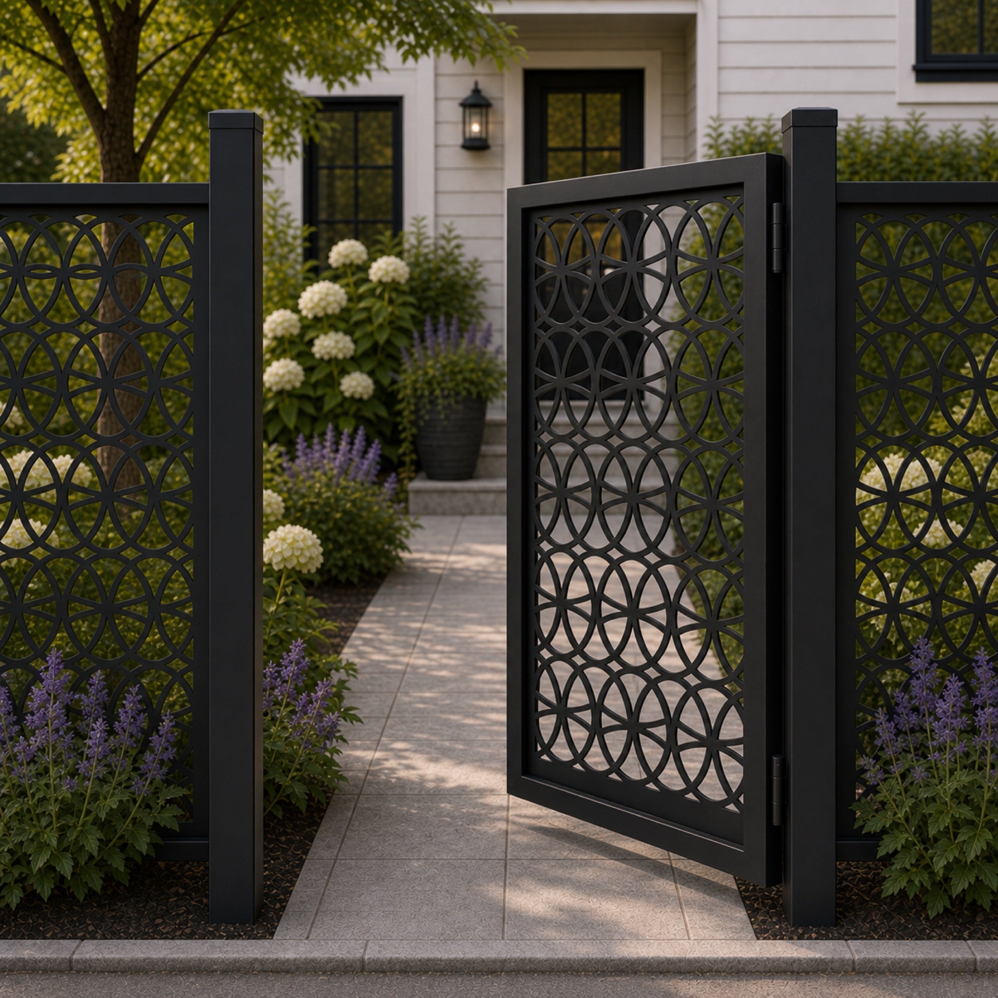 Design 107 arched petal grid black aluminium side gate open view