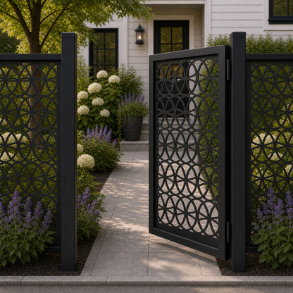 Design 107 arched petal grid black aluminium side gate open view