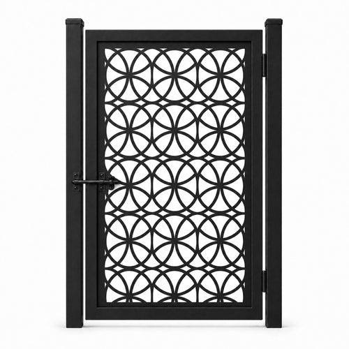 Design 107 arched petal grid black laser cut metal pedestrian gate closed view