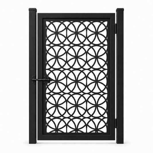 Design 107 arched petal grid black laser cut metal pedestrian gate closed view