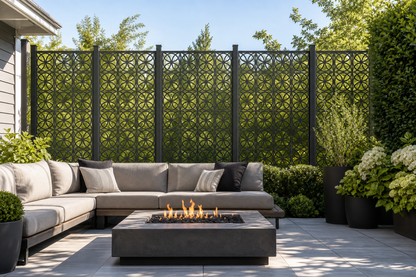 Design 107 Circle Chain Laser Cut Metal Privacy Screen Panel installed garden daylight view