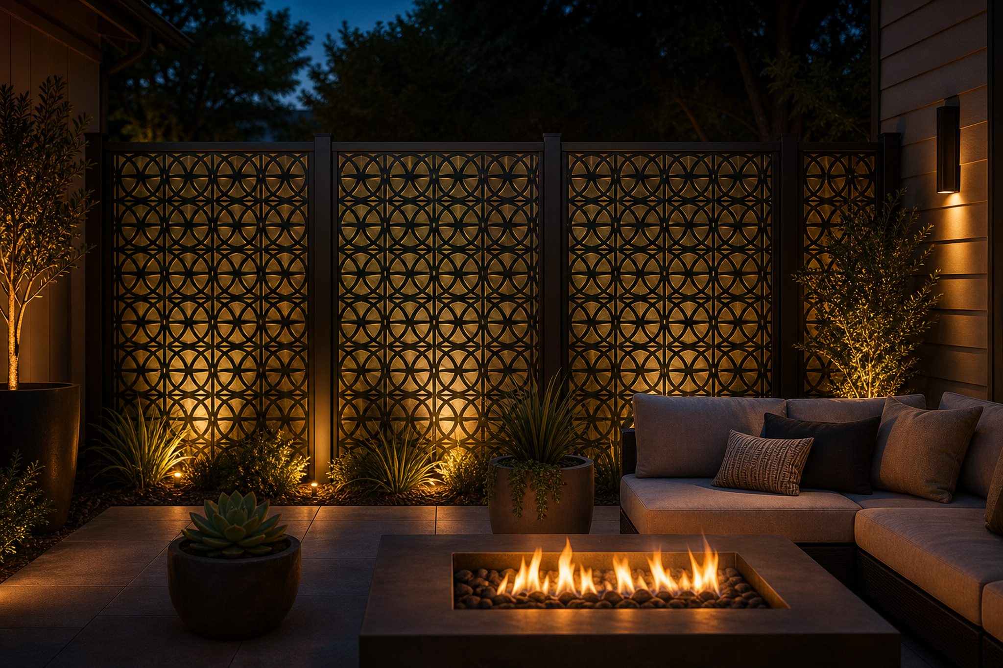 Design 107 Circle Chain Laser Cut Metal Privacy Screen Panel installed garden night lighting view