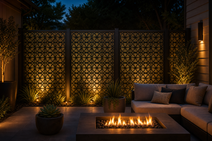 Design 107 Circle Chain Laser Cut Metal Privacy Screen Panel installed garden night lighting view