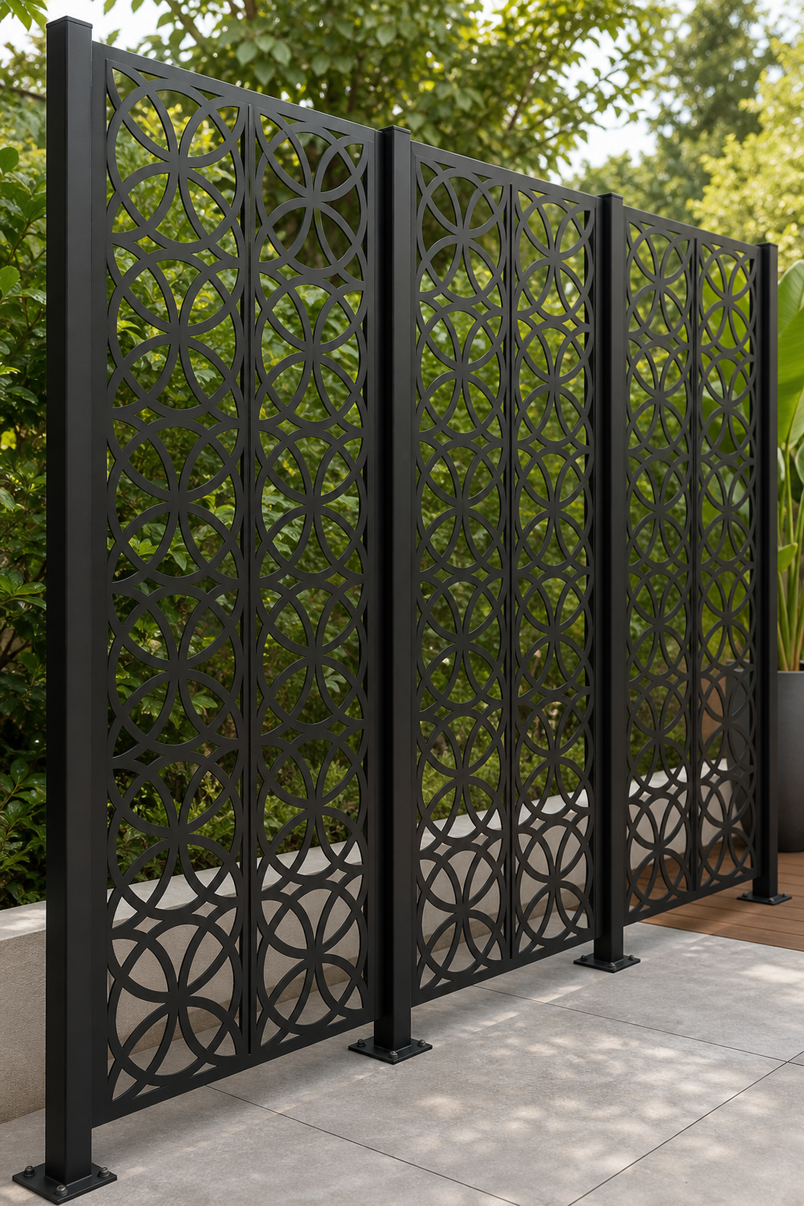 Design 107 Circle Chain Laser Cut Metal Privacy Screen Panel oblique angle view