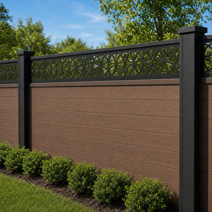 Petite Medallion Rail laser cut fence extension panel installed on composite fence, angle view, Design 107
