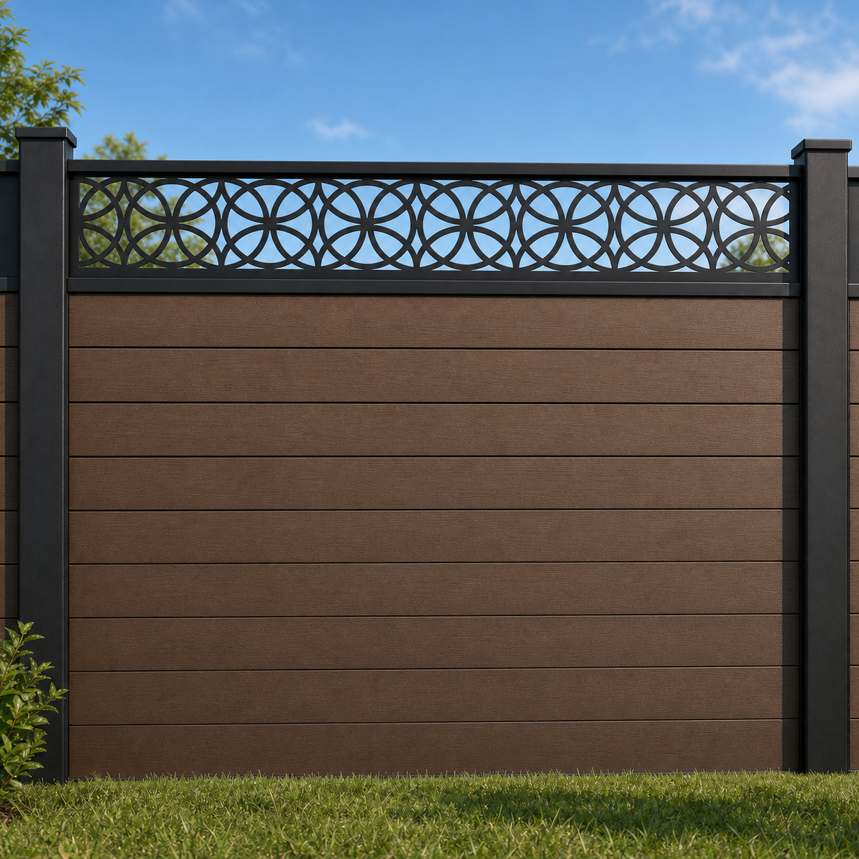 Petite Medallion Rail metal fence topper installed above WPC composite privacy fence, front view, Design 107
