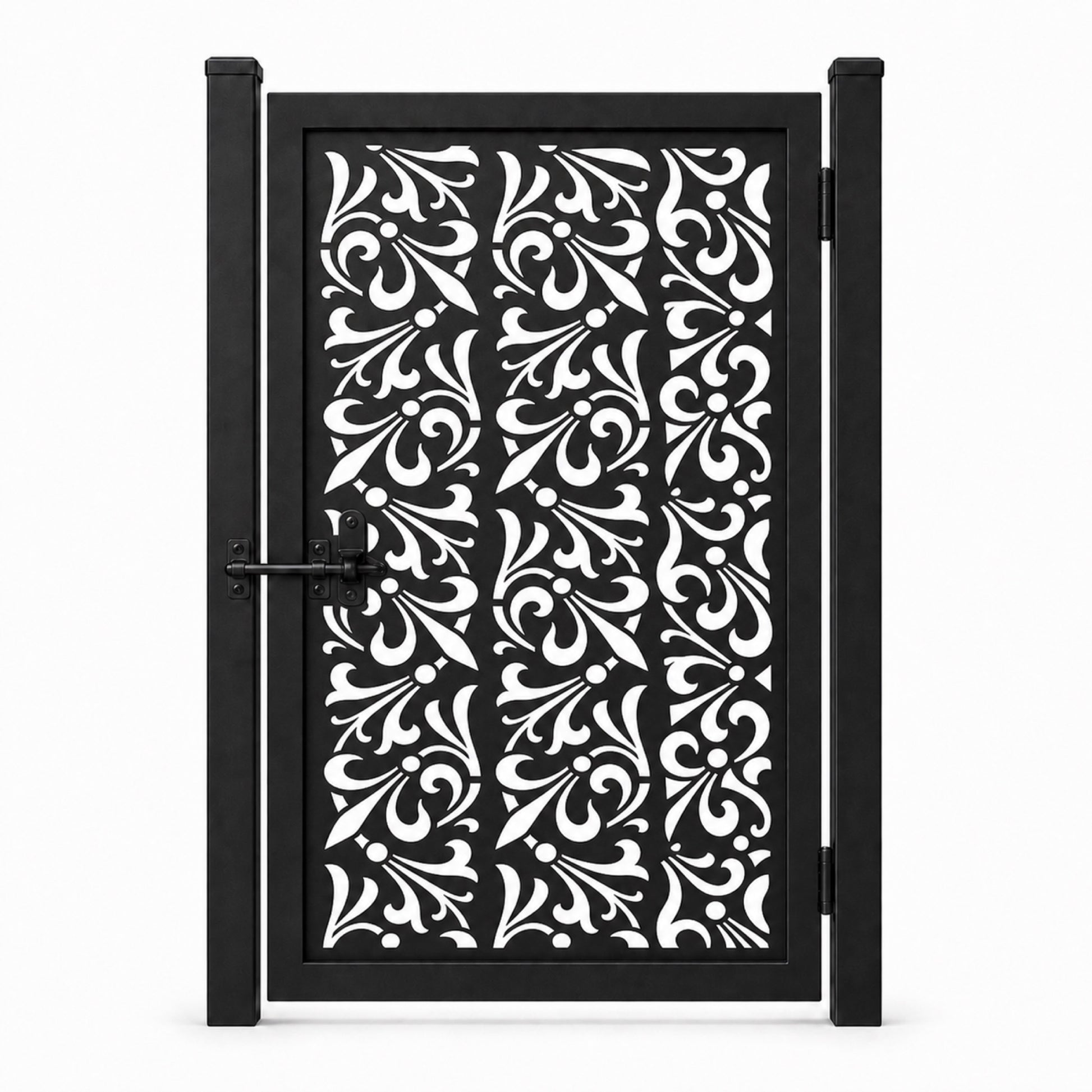 Design 108 diagonal feather leaf scrollwork black laser cut metal pedestrian gate closed view