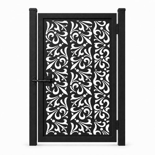 Design 108 diagonal feather leaf scrollwork black laser cut metal pedestrian gate closed view