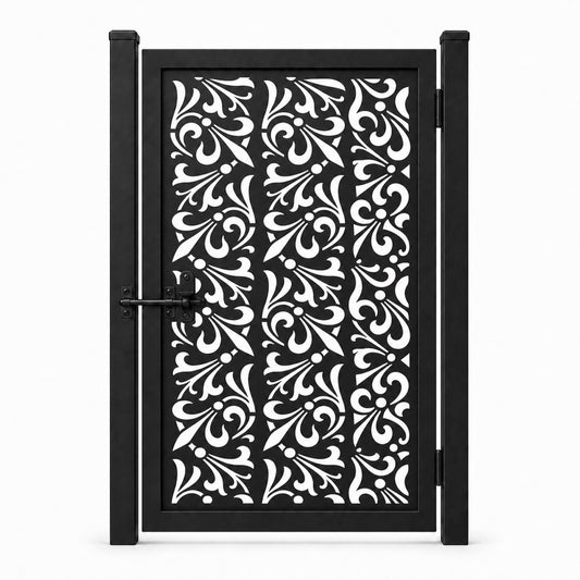 Design 108 diagonal feather leaf scrollwork black laser cut metal pedestrian gate closed view